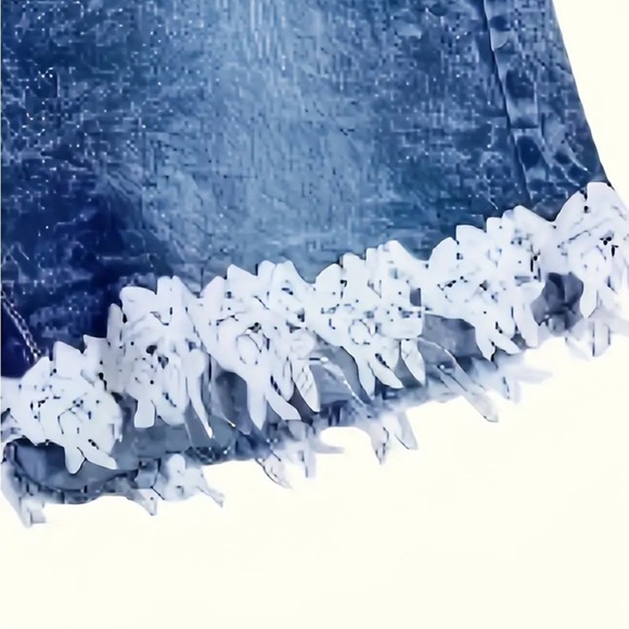 57. Lace Trim Denim Shorts, Sexy Jean Hotpants, Blue W/ White Lace Detail, Sz.M - Picture 5 of 13